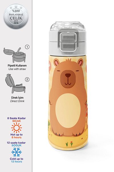 Coral High Kids Kapibara Patterned Steel Thermos with Straw and Direct Drinking 500 ml 31793