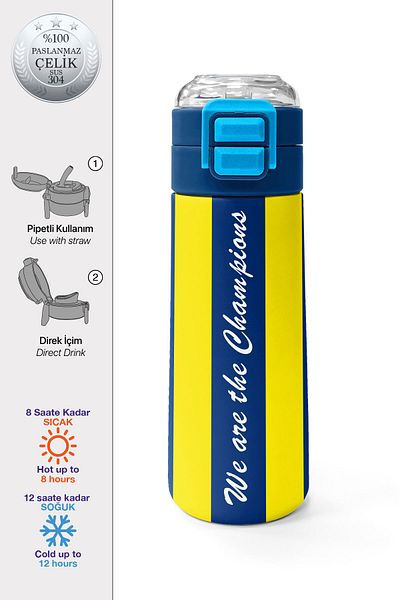 Coral High Kids Yellow Navy Blue Barred Straw and Direct Drinking Steel Thermos 500 ml 31791