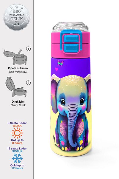 Coral High Kids Pink Turquoise Elephant Patterned Steel Thermos with Straw and Direct Drinking 500 ml 31814