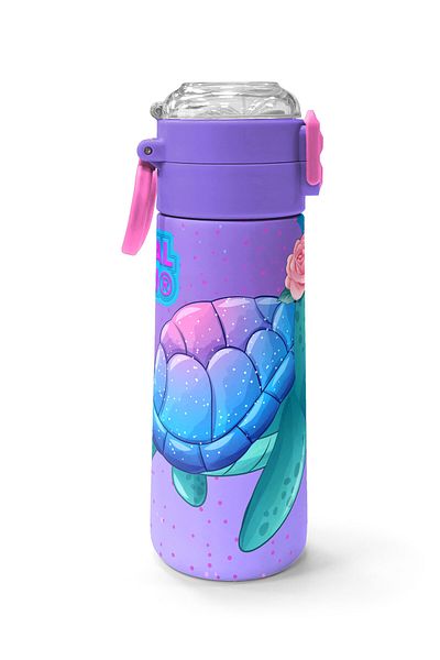 Coral High Kids Light Pink Blue Turtle Patterned Steel Thermos with Straw and Direct Drinking 500 ml 31808