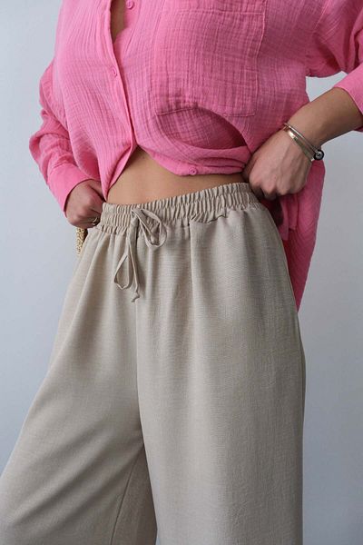 Hatun Atila Summer Relaxed Cut High Waist Rope Lace up Wide Leg Loose Palazzo Trousers - Beige