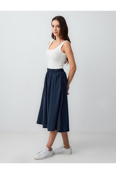 Jimmy Key Navy Blue Relaxed Cut High Waist Woven Midi Skirt