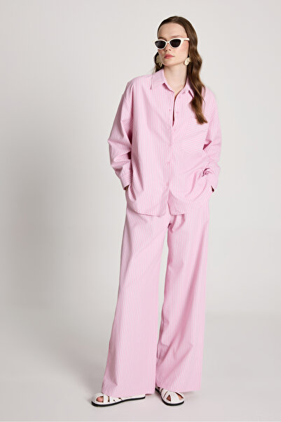 minaaise Set cămașă și pantaloni oversize cu dungi roz și alb - 27382