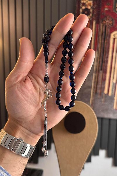 dergah tesbih Checkmate Series Ankle Length Silver Tassel Blue Fire-I Amber Prayer Beads