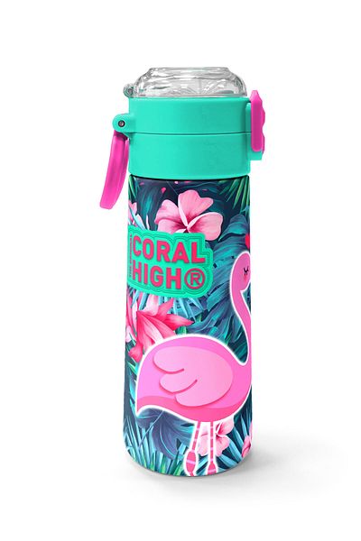 Coral High Kids Neon Coral Water Green Flamingo Patterned Steel Thermos with Straw and Direct Drinking 500 ml 31819