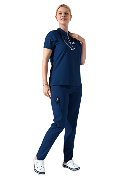 BEDUCA زي موحد للممرضات من إينديجو ليكرا بولو مع سحاب، زي لصالونات التجميل وم...