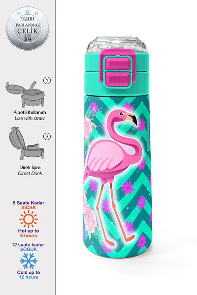 Coral High Kids Water Green Pink Flamingo Patterned Steel Thermos with Straw and Direct Drinking 500 ml 31820