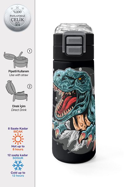 Coral High Kids Dark Gray Black Dinosaur Patterned Steel Thermos with Straw and Direct Drinking 500 ml 31822
