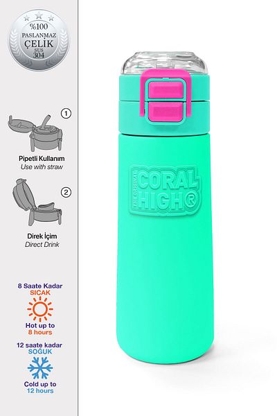 Coral High Kids Pink Water Green Straw and Direct Drinking Steel Thermos 500 ml 31825