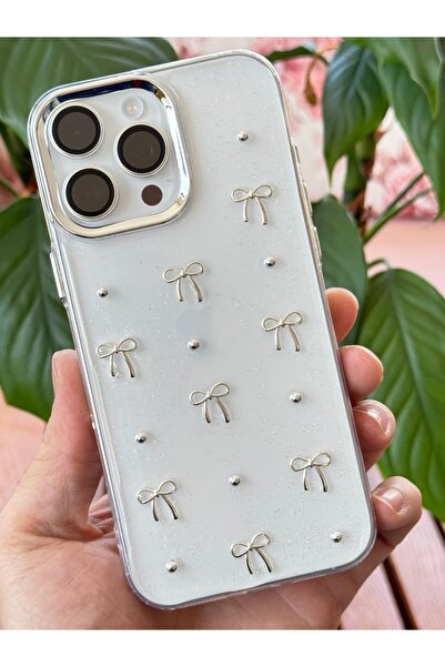 Fibaks Apple iPhone 11 Pro Max Case Bow Pattern Transparent Glitter Silver Camera Protruding Glossy Cover