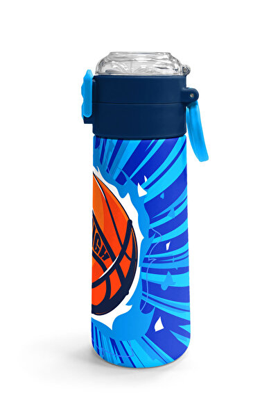 Coral High Kids Navy Blue Basketball Patterned Steel Thermos with Straw and Direct Drinking 500 ml 31833