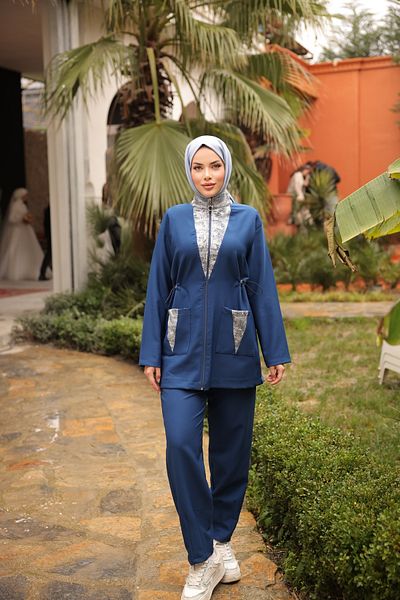MİMİ Luxury Wear Σετ αθλητικής φόρμας Hijab Σετ Κάτω Τοπ Σετ Διπλό - Τούλι με πέτρα
