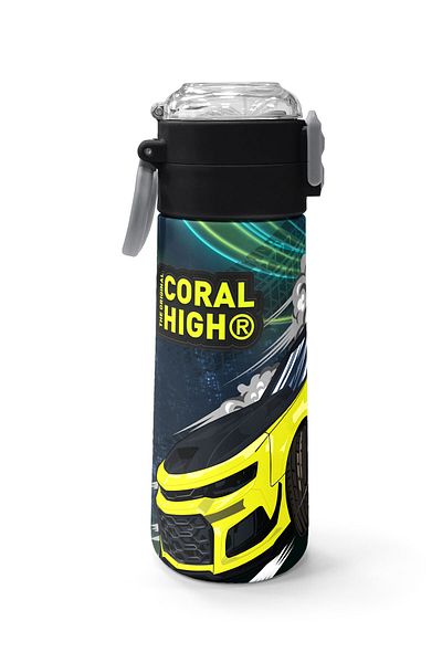 Coral High Kids Nefti Highlighter Yellow Car Patterned Steel Thermos with Straw and Direct Drinking 500 ml 31834