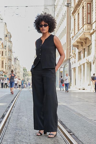 Jument Material mătăsos, modal pentru femei, talie înaltă, buzunare laterale, elastic și pantaloni Palazzo cu picioare largi-negru