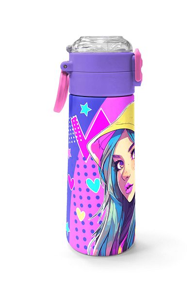 Coral High Kids Lavender Turquoise Eared Girl Patterned Straw and Direct Drinking Steel Thermos 500 ml 31835