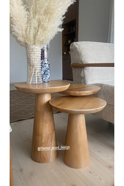 Home Ihlamur ağacından mantar sehpa 3 adet vernikli