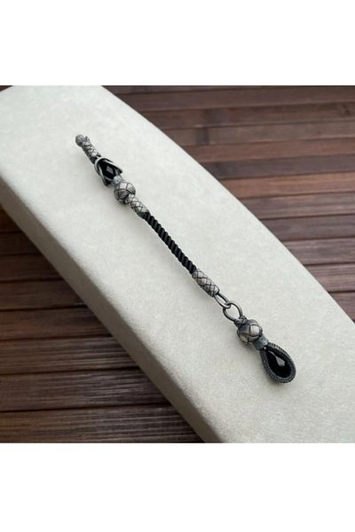 dergah tesbih Silver Kazaziye Whips with Black Stones