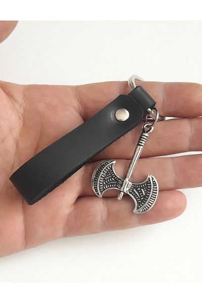 AB Takı Double Sided Axe Symbol Fashion Black Real Leather Keychain