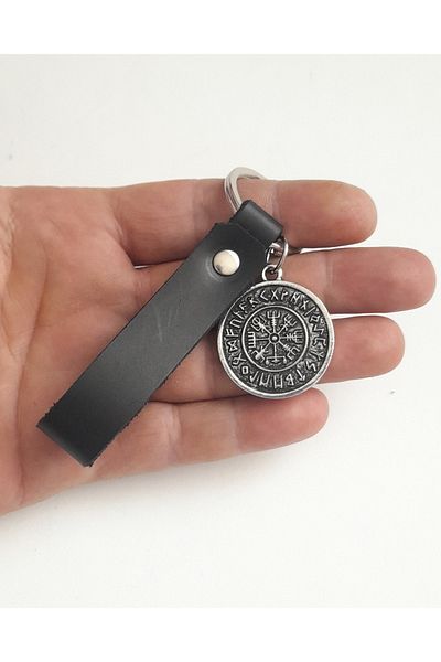 AB Takı Compass Symbol Fashion Black Real Leather Keychain