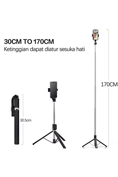 Twinix Siyah Kablosuz Kumandalı Telefon Selfie Çubuğu Monopod Ayaklı Tripod Bluetooth 170 cm