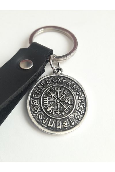 AB Takı Compass Symbol Fashion Black Real Leather Keychain