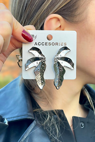 TAKIPORT أقراط نسائية على شكل ورقة شجر فضية اللون