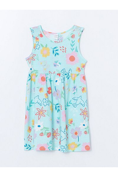 LC Waikiki Lcw Kids Turquoise Crew Neck Printed Girls Combed Dress S5Dr21Z1Nvy25
