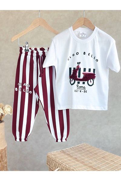 KidsSel New Season Girl's Cotton White Printed Tshirt and Burgundy Striped Trousers Set