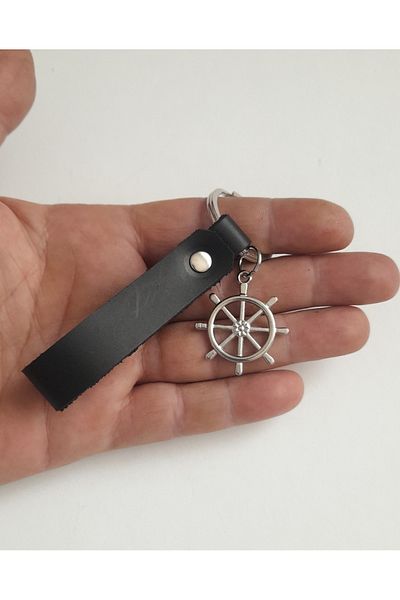 AB Takı Rudder Symbol Fashion Black Real Leather Keychain