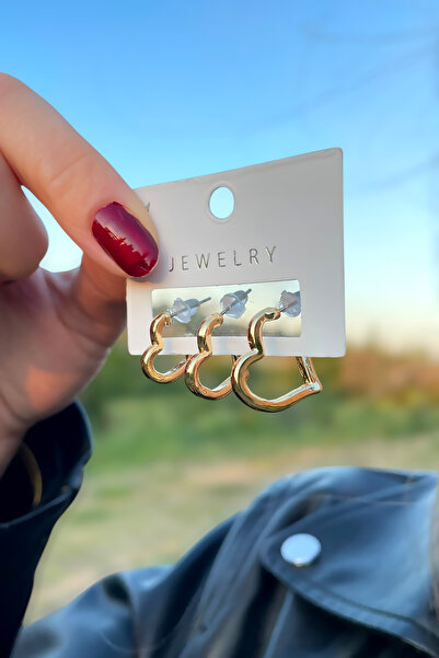 TAKIPORT 3 قطع من الأقراط النسائية على شكل قلب ذهبي اللون