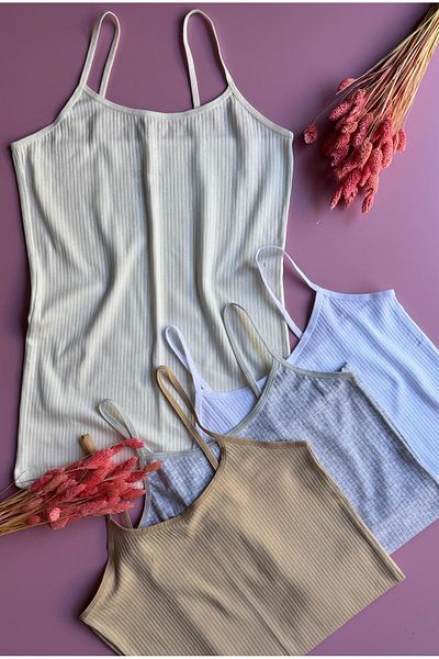 Elosia Libre Line |   4-Piece Black, Gray, Tan and White Cotton Ribbed Thread Strap Undershirt-Blouse