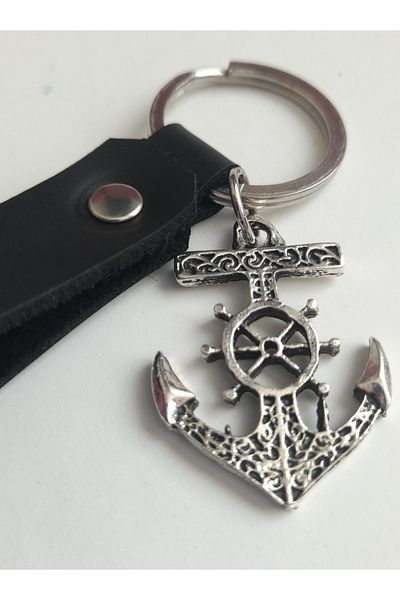 AB Takı Sailor Anchor Symbol Fashion Black Real Leather Keychain