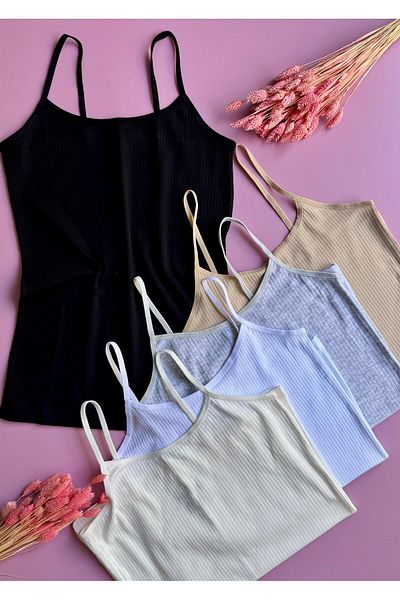 Elosia Libre Line |   Pack of 5 Black, Gray, Tan, Ecru and White Cotton Ribbed Thread Strap Tank-Blouse