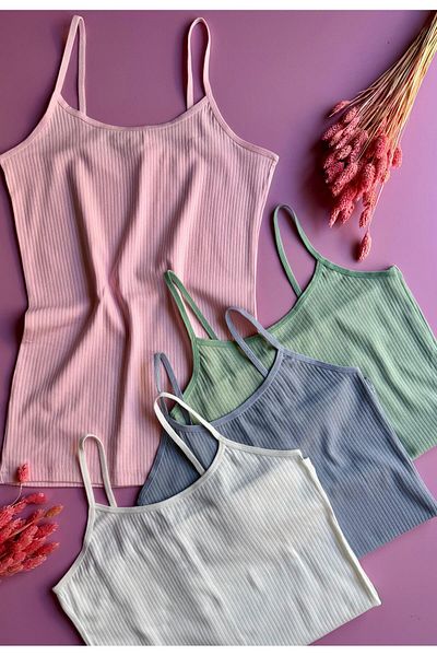 Elosia Libre Line |   3-Piece Pink, Green and Blue Color Cotton Ribbed Thread Strap Tank-Blouse