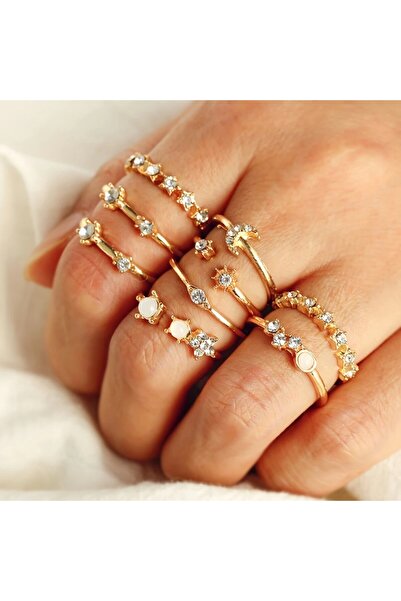 Perry Accesories مجموعة من 9 خواتم متعددة المفاصل من حجر الزركون باللون الذهب...