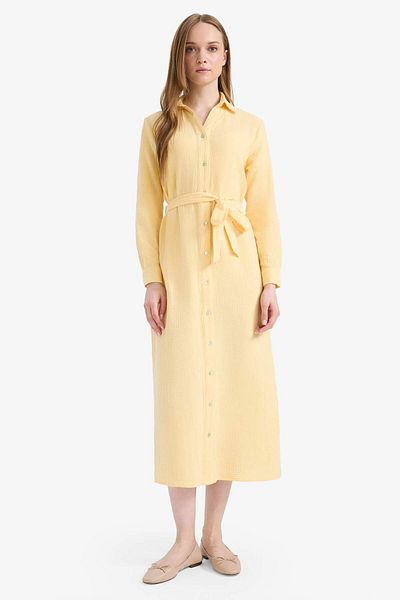 DeFacto Langärmliges Maxikleid aus Musselin mit Hemdkragen und Gürtel D9633AX25SM