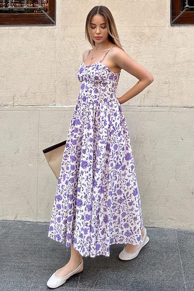 Swist Purple Strap Floral Patterned Women's Midi Dress with Breast Pad