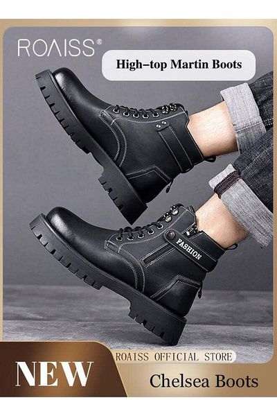 ROAISS High Cut Martin Boots for Men - British Style Retro Leather Shoes