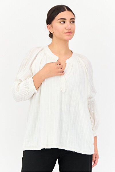 aerie Women Split Neck Long Sleeve Textured Blouse, White