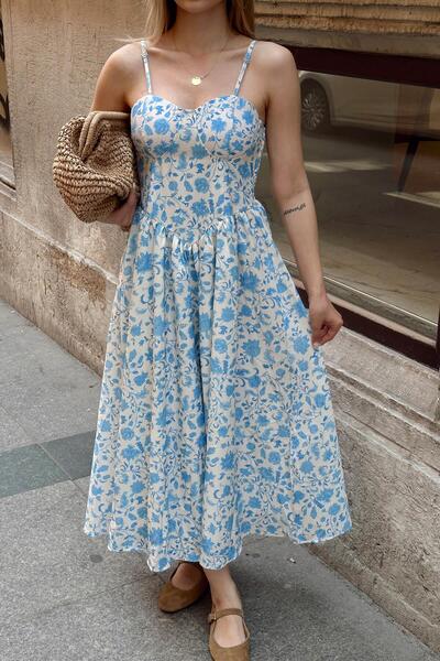 Swist Mavi Askılı Çiçek Desenli Göğüs Pedli Kadın Midi Elbise