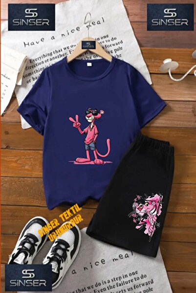 SS SİNSER Детски комплект от тениска с принт на велосипед и шорти „PINK PANTH...