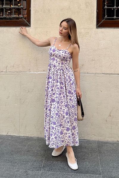 Swist Purple Strap Floral Patterned Women's Midi Dress with Breast Pad