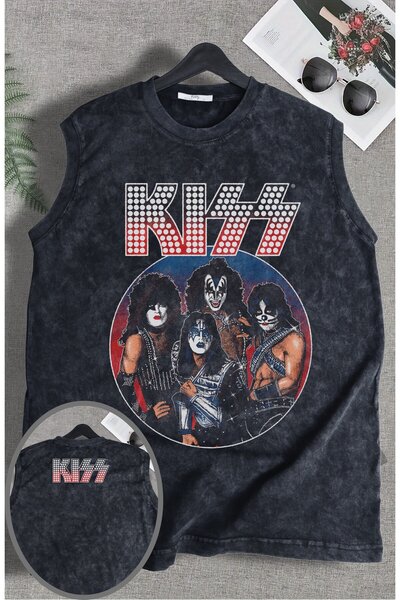 Fuddy Moda Tricou fără mâneci lavabil cu imprimeu Kiss Ense, maiou vintage cu...