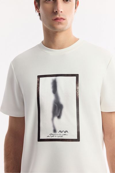 Avva Men's Ecru Crew Neck Printed Bi Stretch Interlock T-Shirt A51Y1029