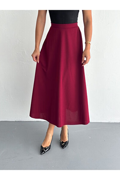 MaxiMor Katın Hijab Suitable Imported Lycra Crepe Fabric Kilos Bell Skirt -Burgundy