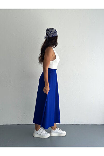 MaxiMor Katın Hijab Suitable Imported Lycra Crepe Fabric Kilos Bell Skirt -Saxs