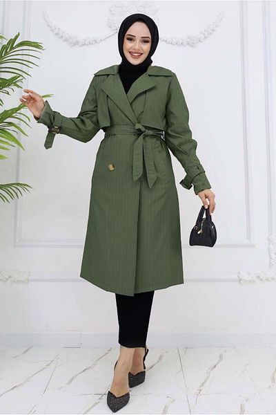 TRENDTESETTÜR Women's Khaki Belted Striped Trench Coat t 64616