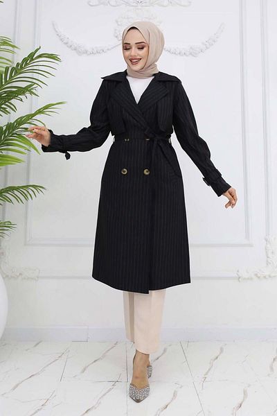 TRENDTESETTÜR Women's Black Belted Striped Trench Coat t 64616