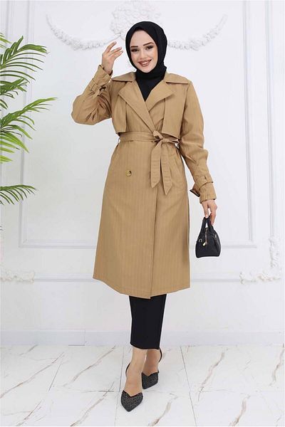 TRENDTESETTÜR Women's Brown (Camel) Belted Striped Trench Coat t 64616
