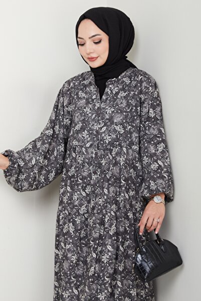 InStyle Çiçek Patlı Antrasit Viskon Elbise